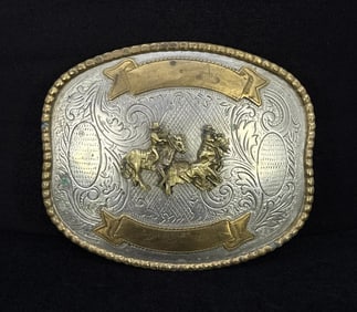 German Silver Calf Roping Cowboy Belt Buckle