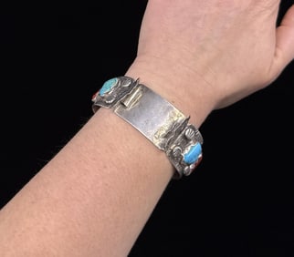 Navajo Sterling Coral Turquoise Watch Bracelet