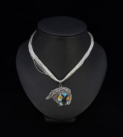 Zuni Sterling Silver Liquid Silver Bear Necklace