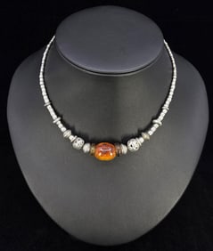 Baltic Amber African Silver Bead Necklace