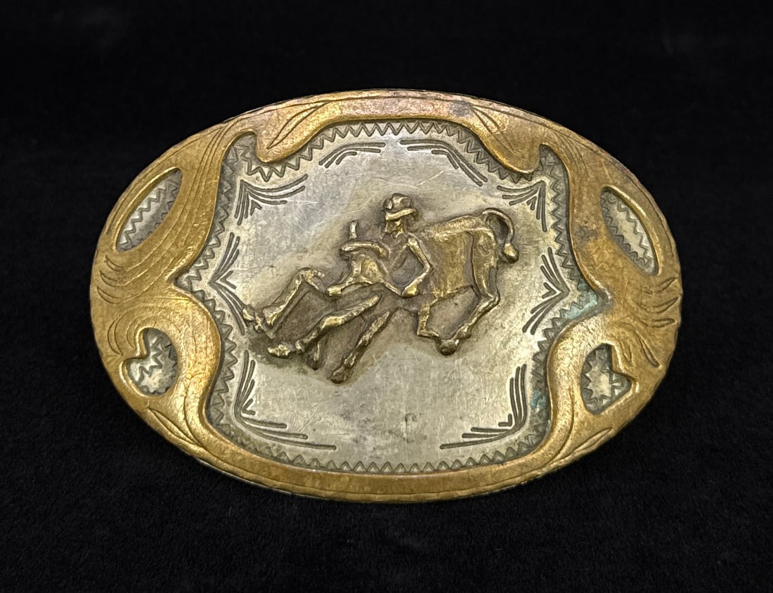 Calf Wrestling Cowboy Trophy Belt Buckle: 2 5/8" by 3 3/4"