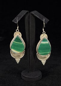 Taxco Mexico Sterling Silver Green Agate Earrings