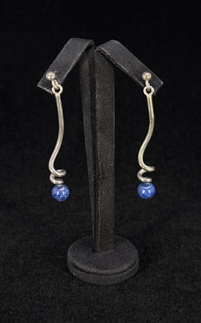 Sterling Silver Lapis Lazuli Ball Earrings: 2" long. 5.74 grams.
