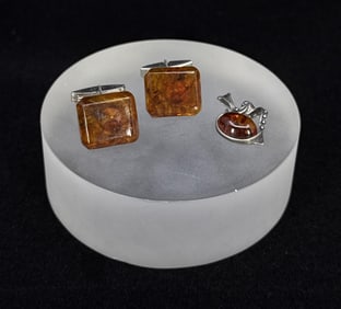 Baltic Amber Sterling Silver Cufflinks and Pendant