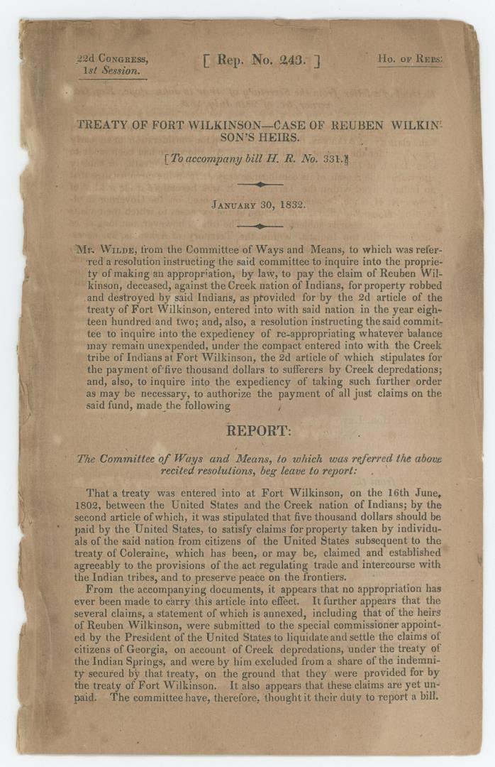 Fort Wilkinson Treaty Senate Hearing Documents (1 of 9)