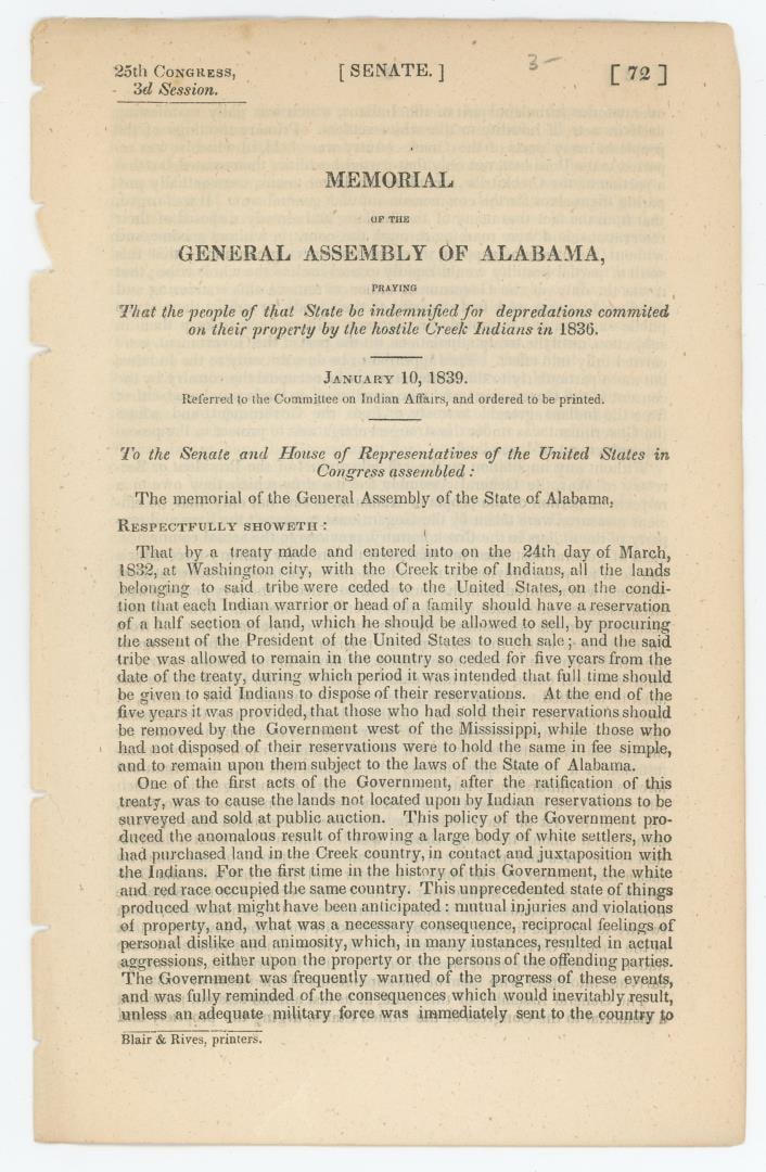 Creek Indians 1836 Senate Hearing Documents (1 of 5)