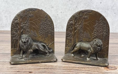 Antique Cast Metal Lion Bookends