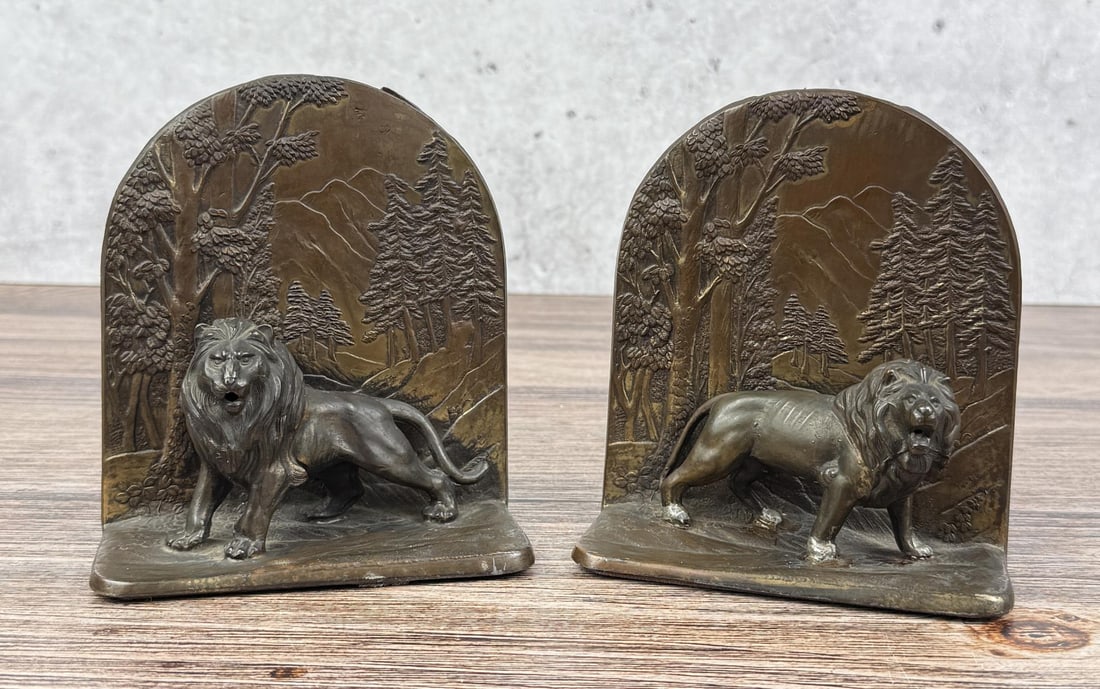 Antique Cast Metal Lion Bookends: 5 1/2" by 4 7/8" by 2 1/8"