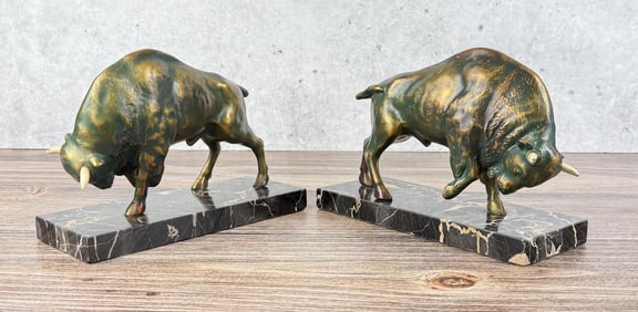 Art Deco Marble Bull Stock Market Bookends