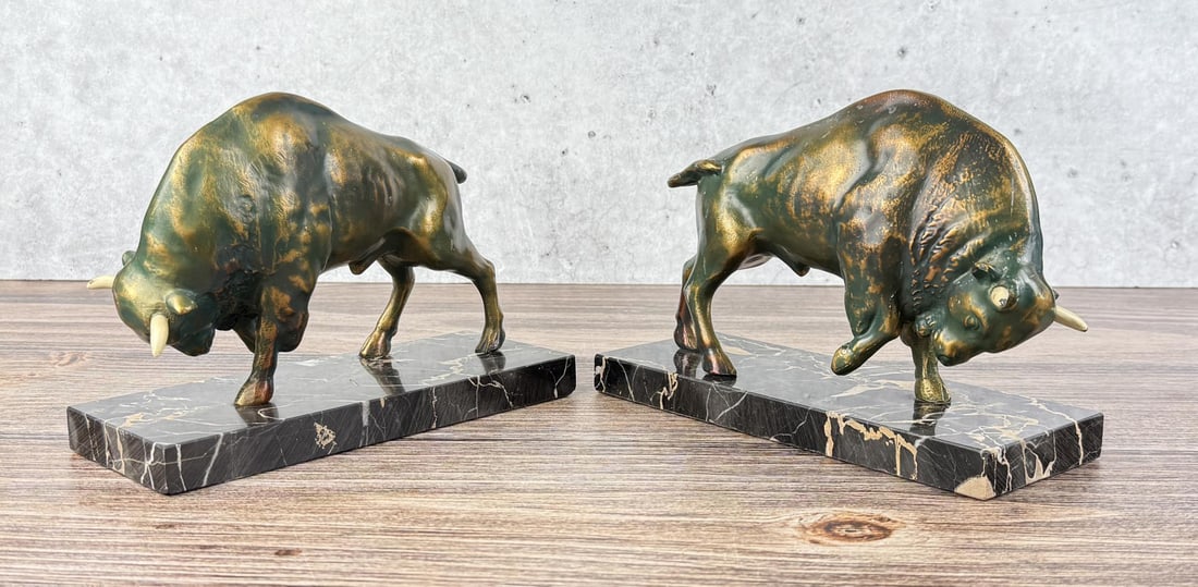 Art Deco Marble Bull Stock Market Bookends: 8 1/2" by 5 3/4" by 3 1/4"