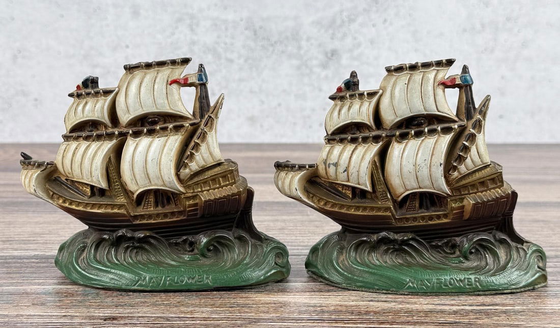 White Metal Mayflower Ship Bookends: 5 5/8" by 4 1/2" by 1 3/4"