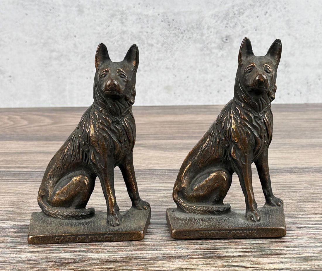 Cast Iron German Shepard Chief Of Police Bookends: 6 1/4" by 4 1/8" by 2"