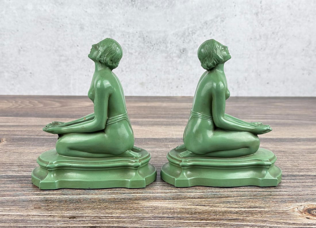 Art Deco Frankart Nude Bookends: Art Deco Egyptian Revival Style. Pattern 518. 6 1/2" by 5 3/4" by 2 5/8".