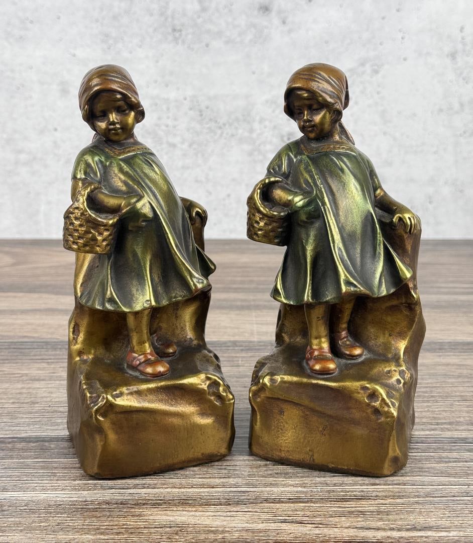Farmette Bronze Clad Flower Girl Bookends: 7 3/8" by 3 1/4" by 3"