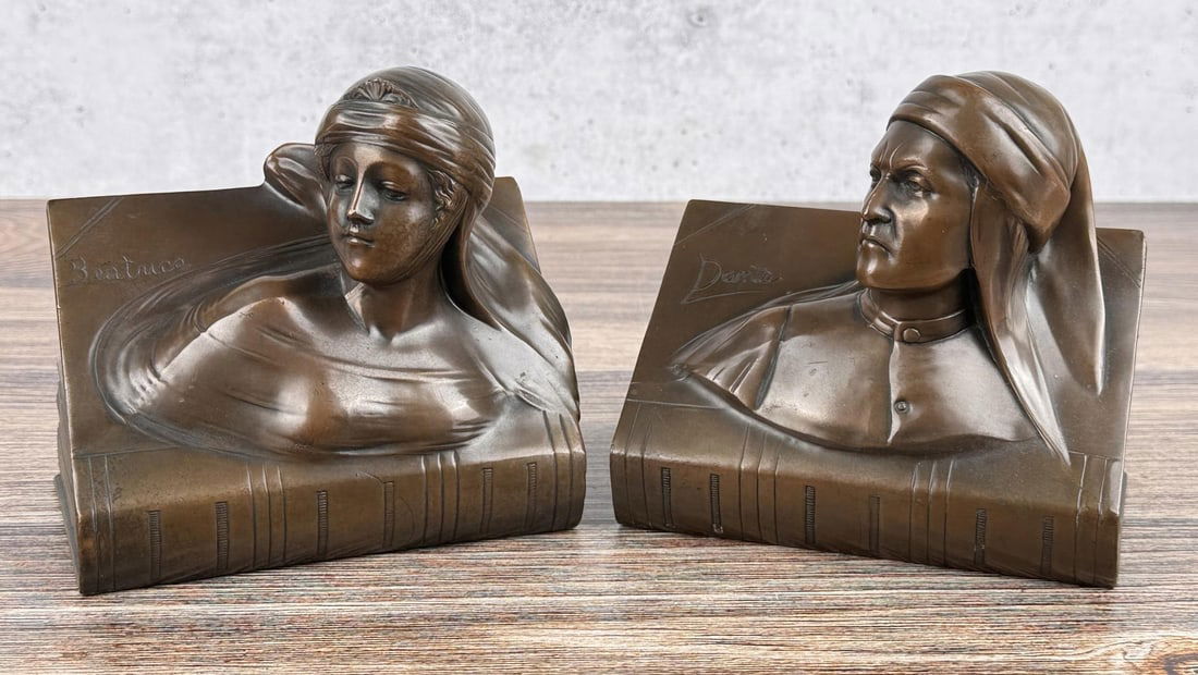 Jennings Brothers Dante Beatrice Bookends: 5 3/4" by 5 3/8" by 4".