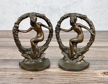 Art Nouveau Nude in Wreath Cast Iron Bookends