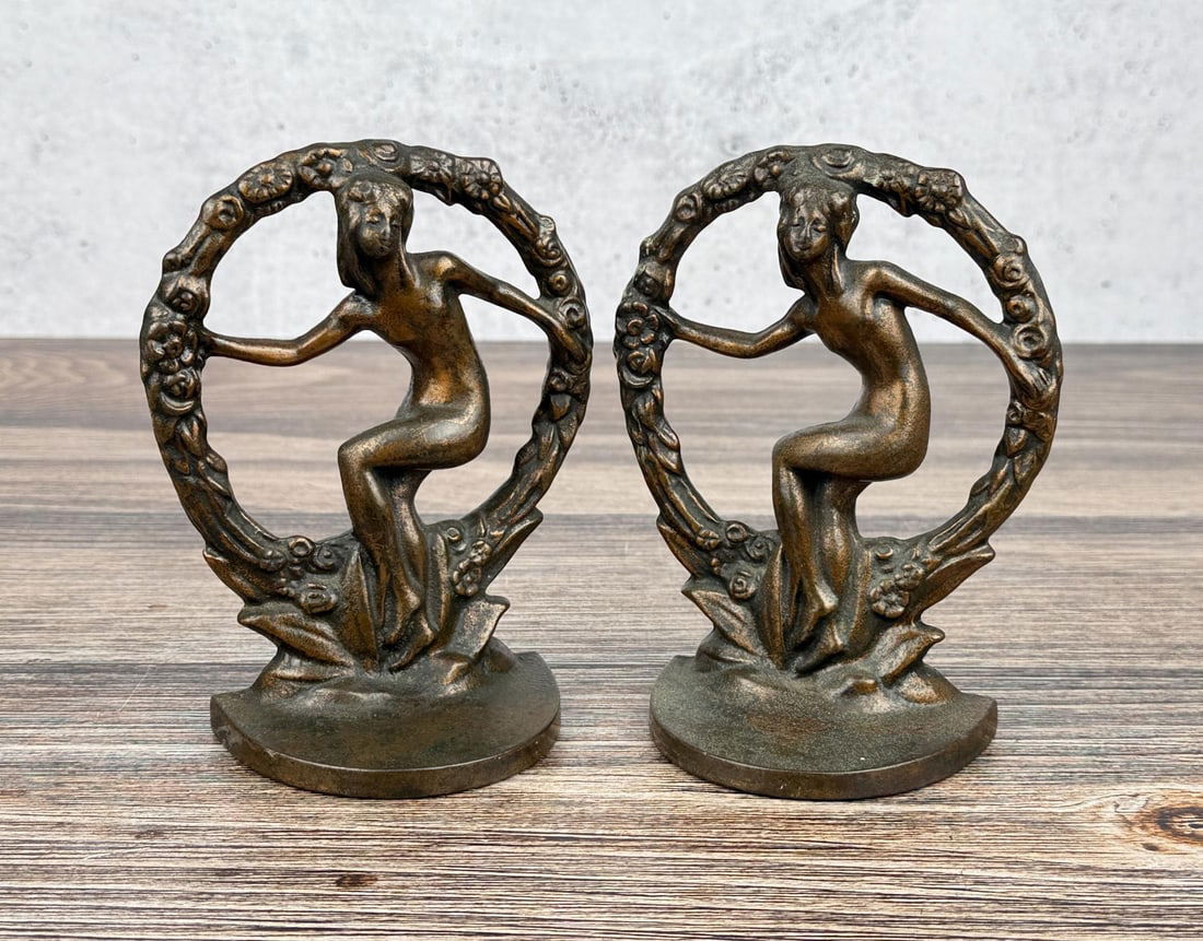 Art Nouveau Nude in Wreath Cast Iron Bookends: Pattern 16. 6" by 4 5/8" by 2 1/2"