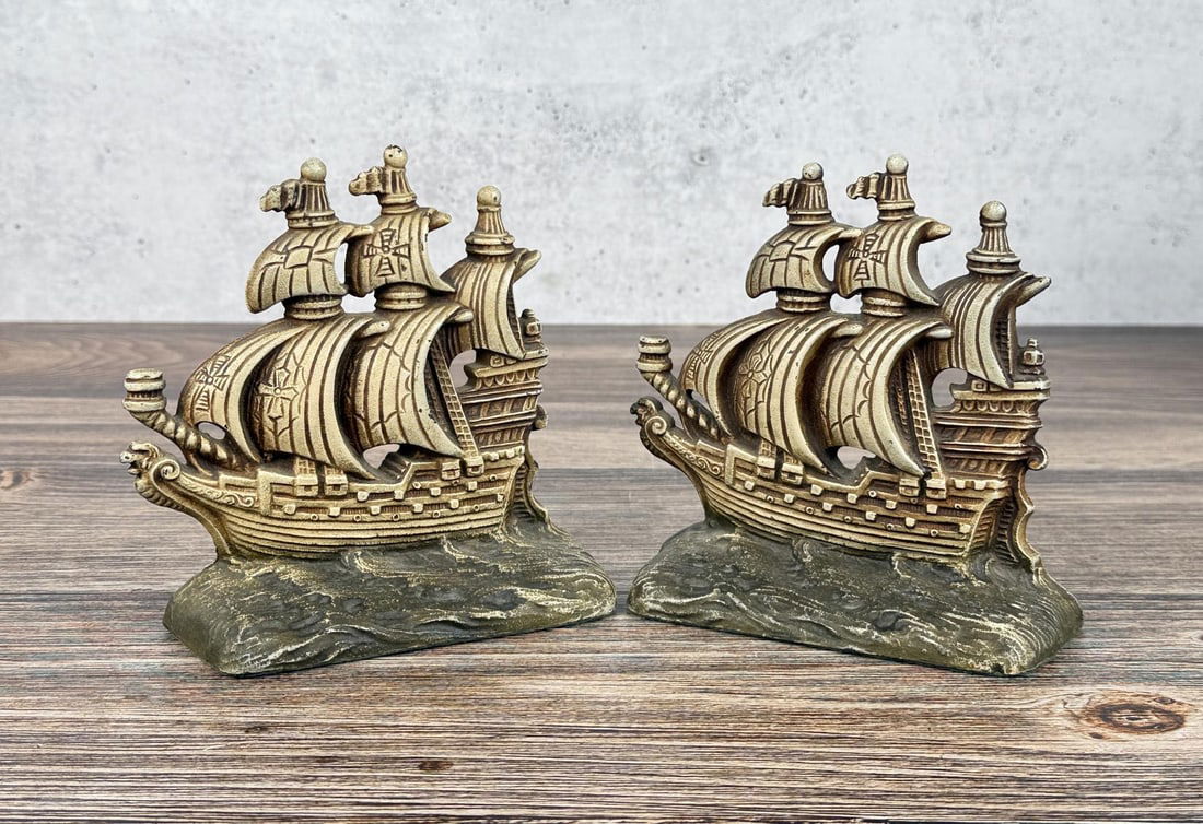 Cast Iron Spanish Galleon Pirate Ship Bookends: 6" by 5 3/4" by 2 1/4"
