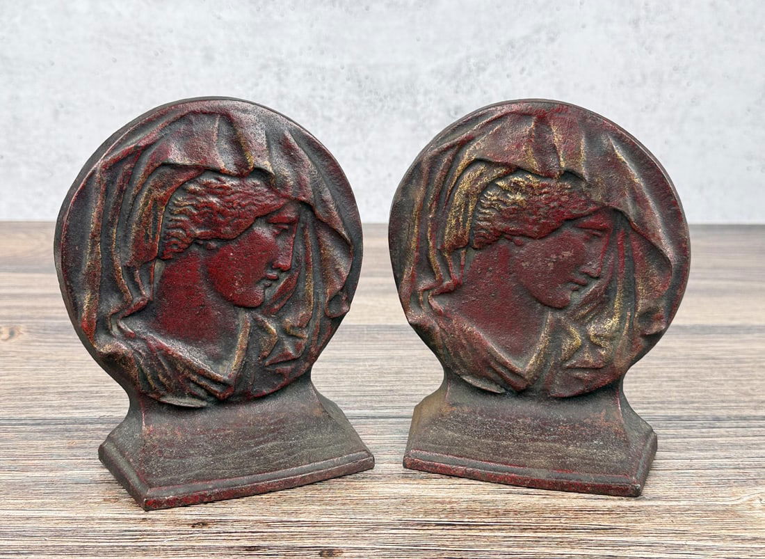 Cast Iron Art Nouveau Veiled Lady Bookends: 6 1/8" by 5 1/4" by 2 3/8"