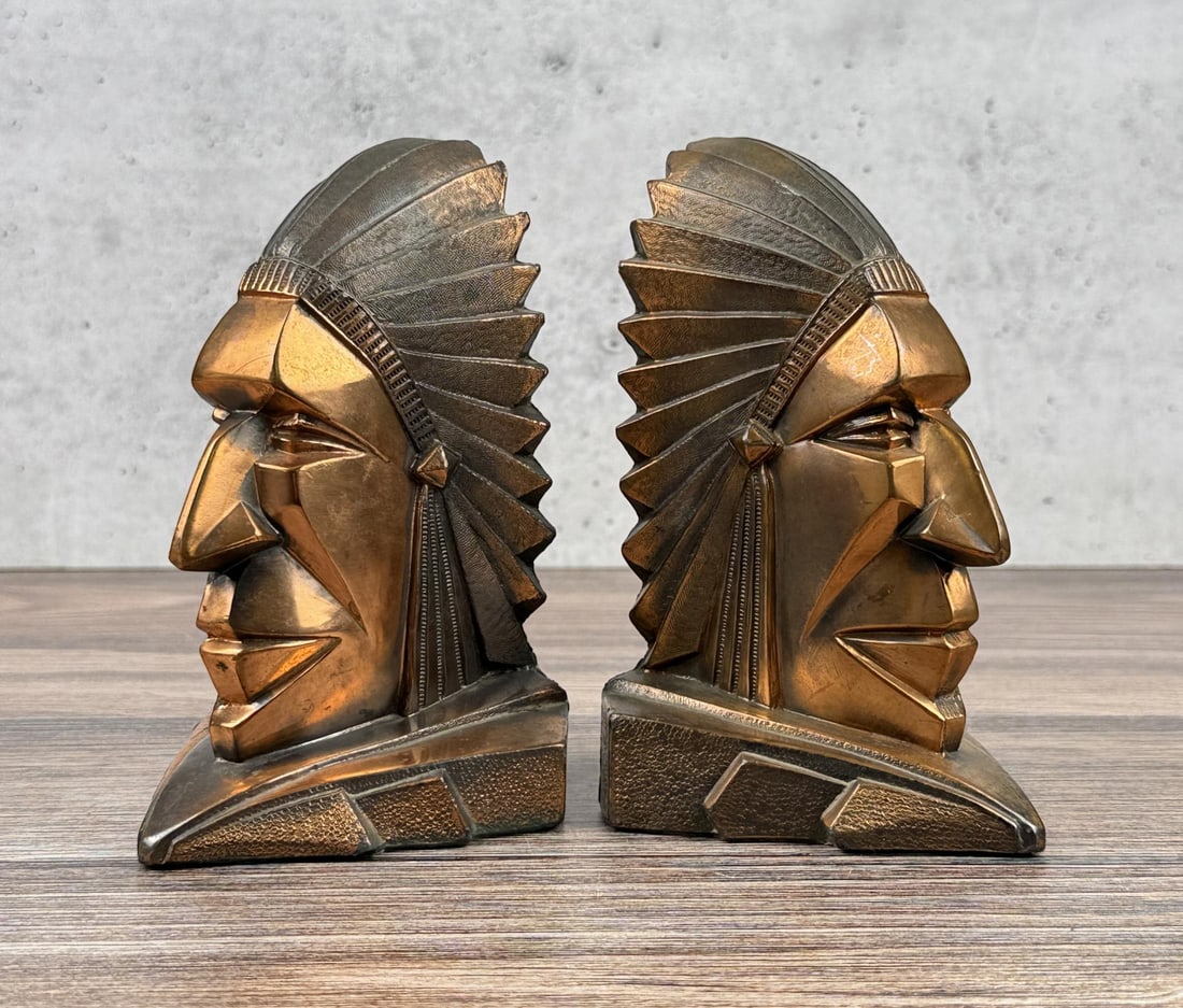 Dodge Art Deco Geometric Indian Chief Bookends: 6 1/4" by 3 7/8" by 3 3/4".
