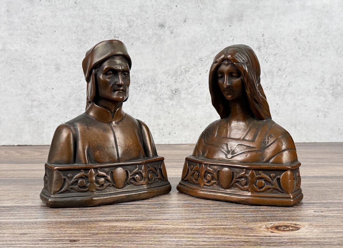 Pompeian Bronze Co Dante & Beatrice Bookends: 7 1/8" by 6" by 3 1/8".