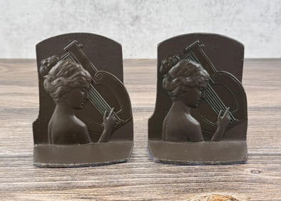 Art Nouveau Woman Playing Harp Bookends