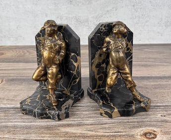 Art Deco Bronze & Marble Reclining Boy Bookends