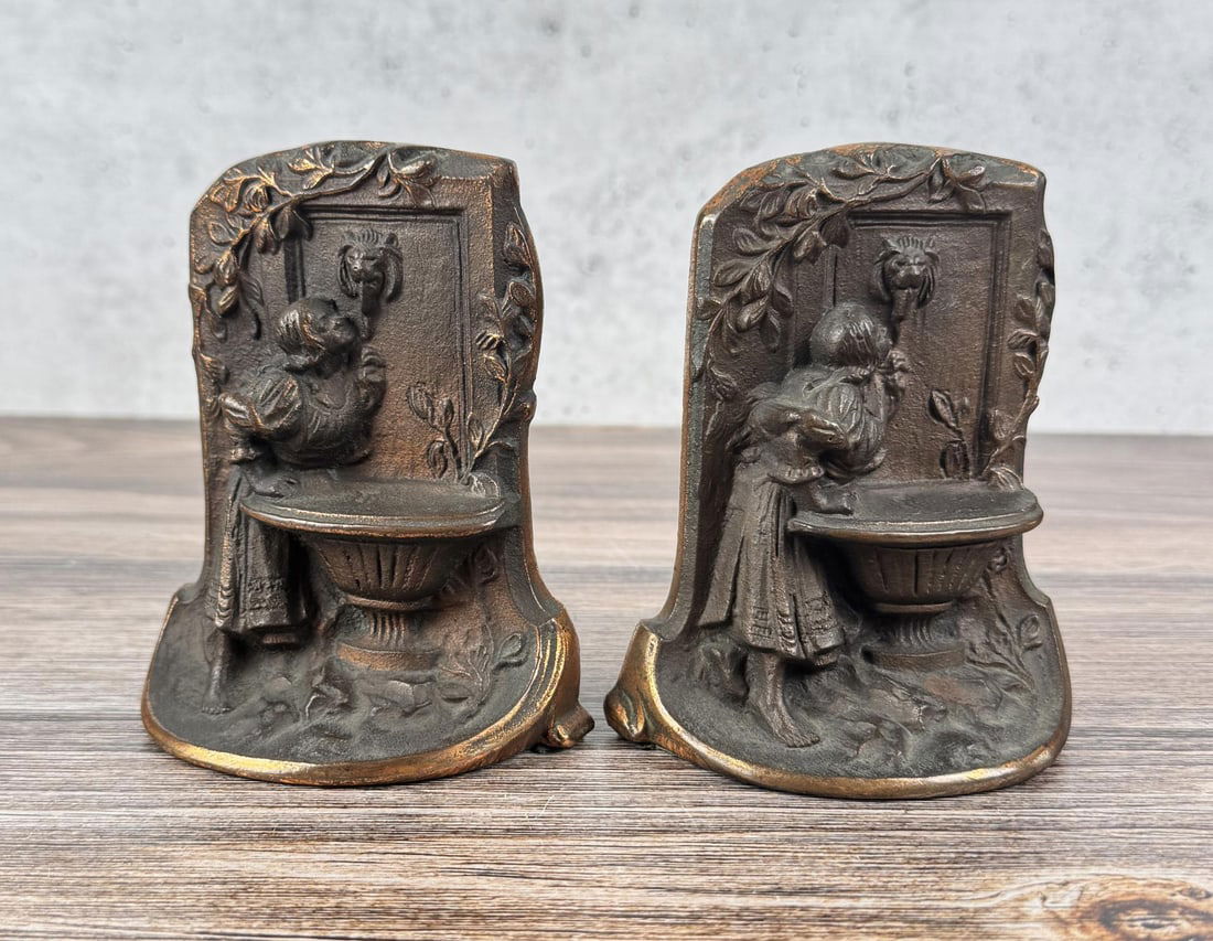 Cast Iron Maiden At Fountain Bookends: 5 1/4" by 4 1/2" by 2 1/8"