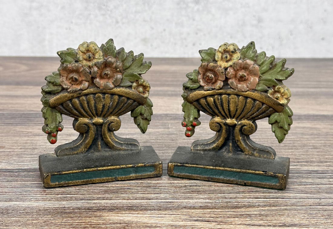 Judd Cast Iron Flower Urn Bookends: 3 7/8" by 3 1/2" by 1 1/2"