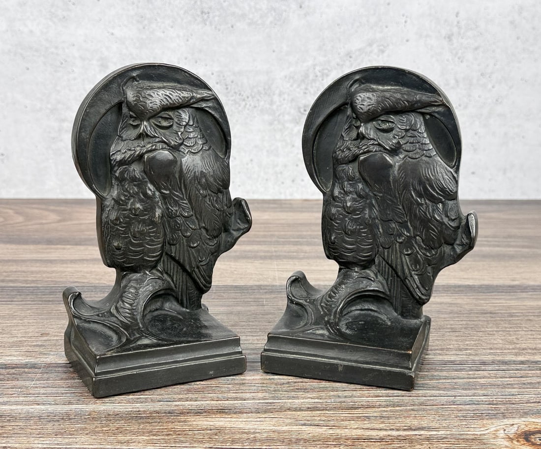 Galvano Bronze Clad Owl & Moon Brass Bookends 177: 7" by 4 5/8" by 2 7/8"