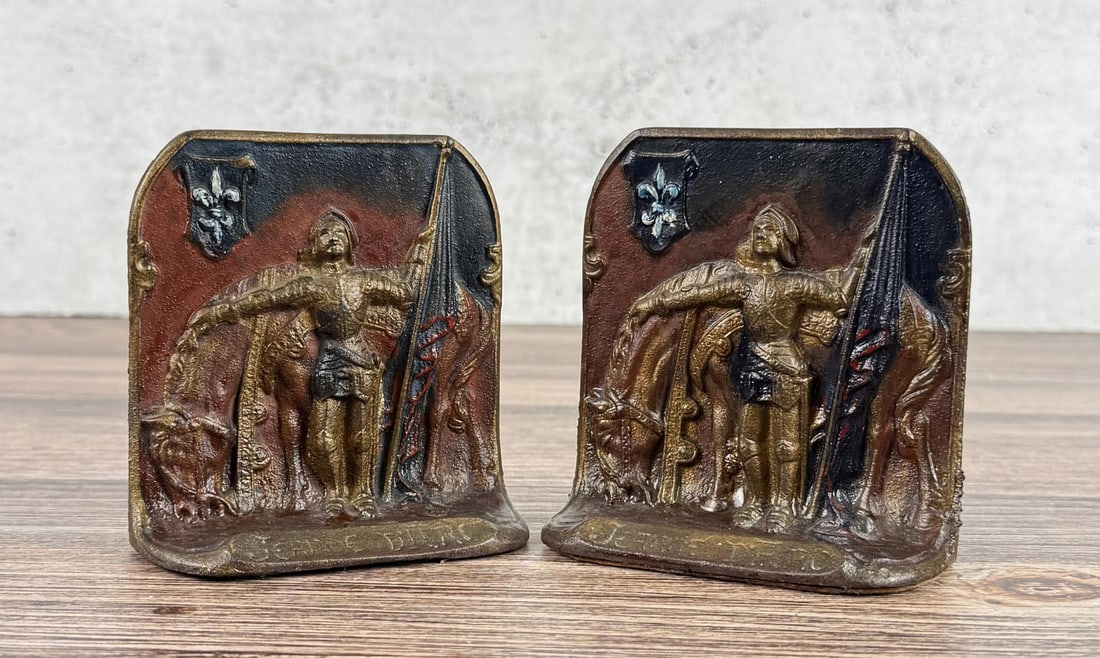 Joan of Arc Cast Iron Bookends: Nice set. 4" by 3 7/8" by 2".