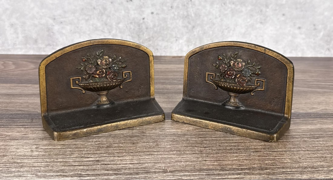 Judd Cast Iron Flower Urn Bookends: 5 1/2" by 3 3/4" by 2 1/8".