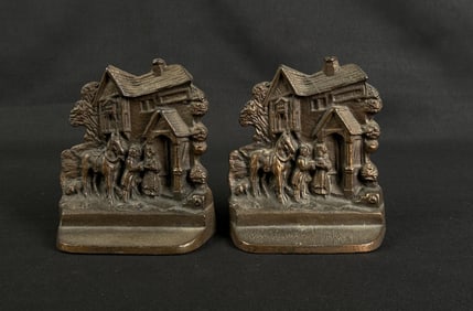 Village Scene Bronze Bookends