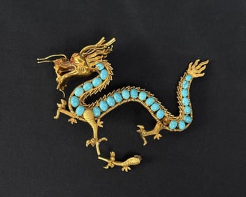 Chinese 14k Gold and Turquoise Dragon