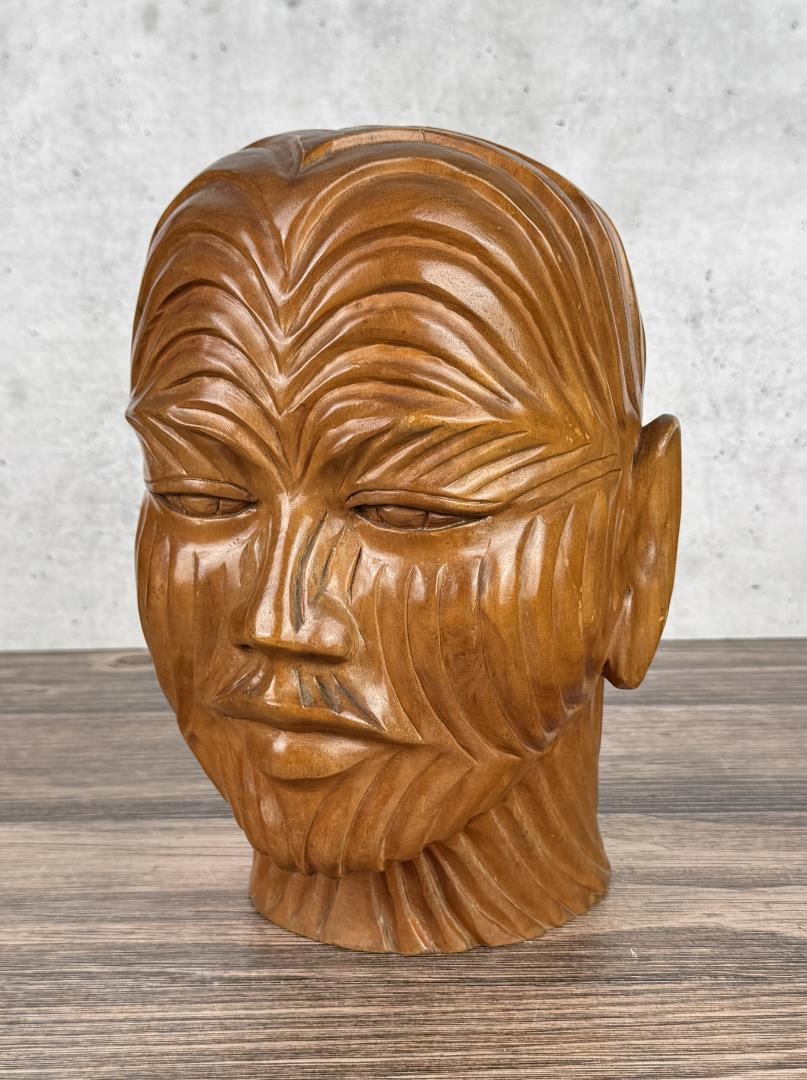 Paul Fujimoto Hawaiian Carved Wood Head: 11" by 8" by 8".
