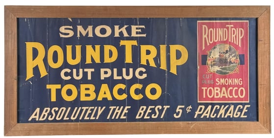 Round Trip Cut Plug Tobacco Sign