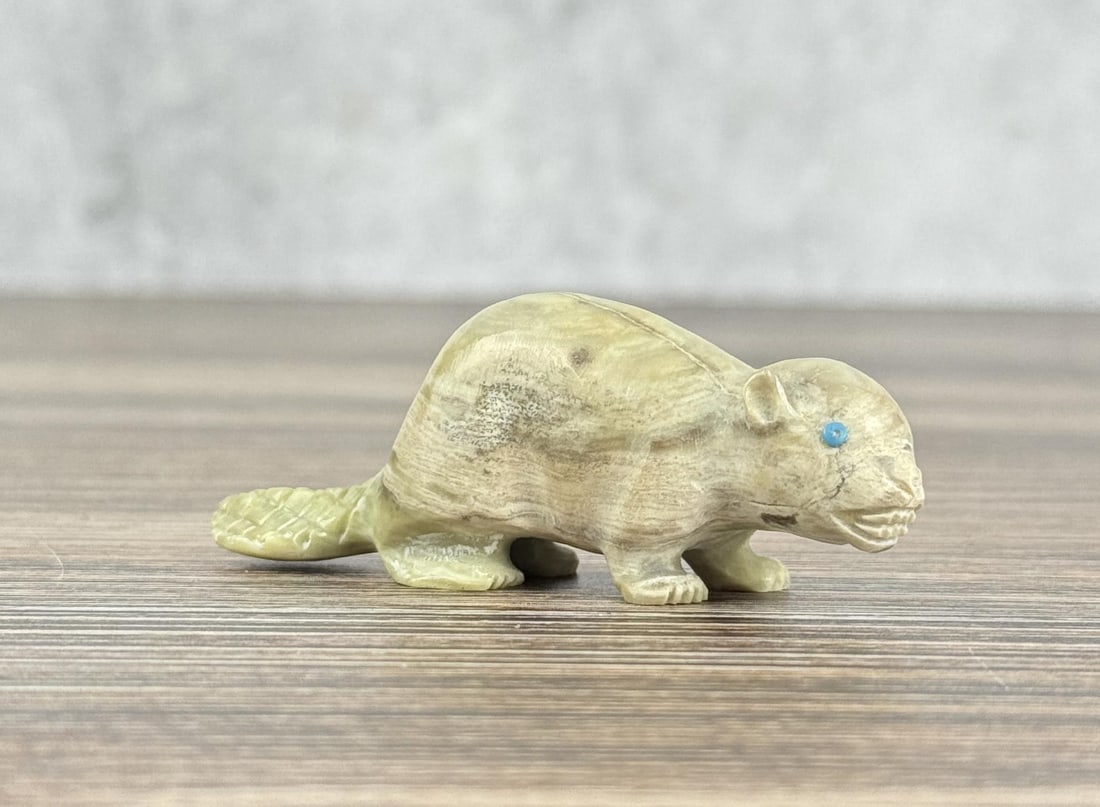Dana Malani Zuni Travertine Carved Beaver Fetish: 2 3/4" long by 5/8" tall.