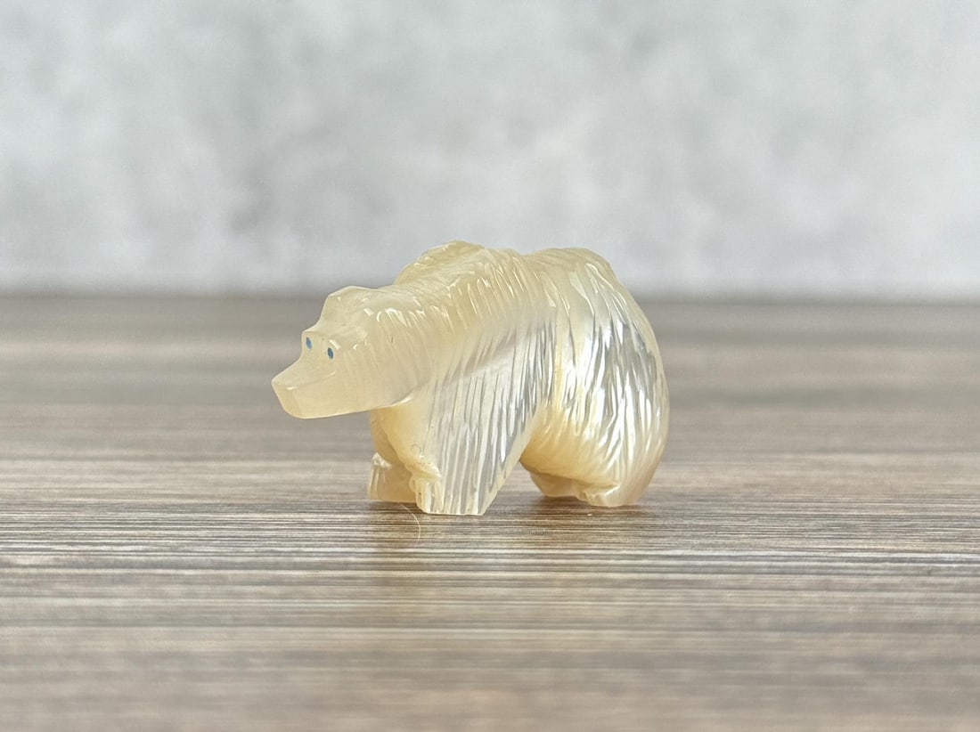 Zuni Mother of Pearl Carved Bear Fetish: 1 1/2" long by 7/8" tall.