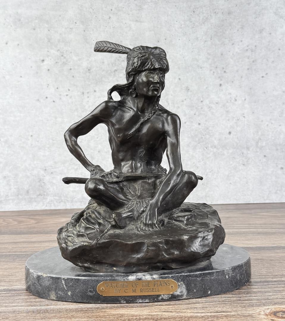 Charles M Russell Watcher of the Plains Bronze: Title is Watcher of the Plains. 12" by 11" by 7". Charles Marion Russell (1864 - 1926) was active/lived in Montana, California, Missouri. Charles Russell is known for Indian-frontier genre painting, s
