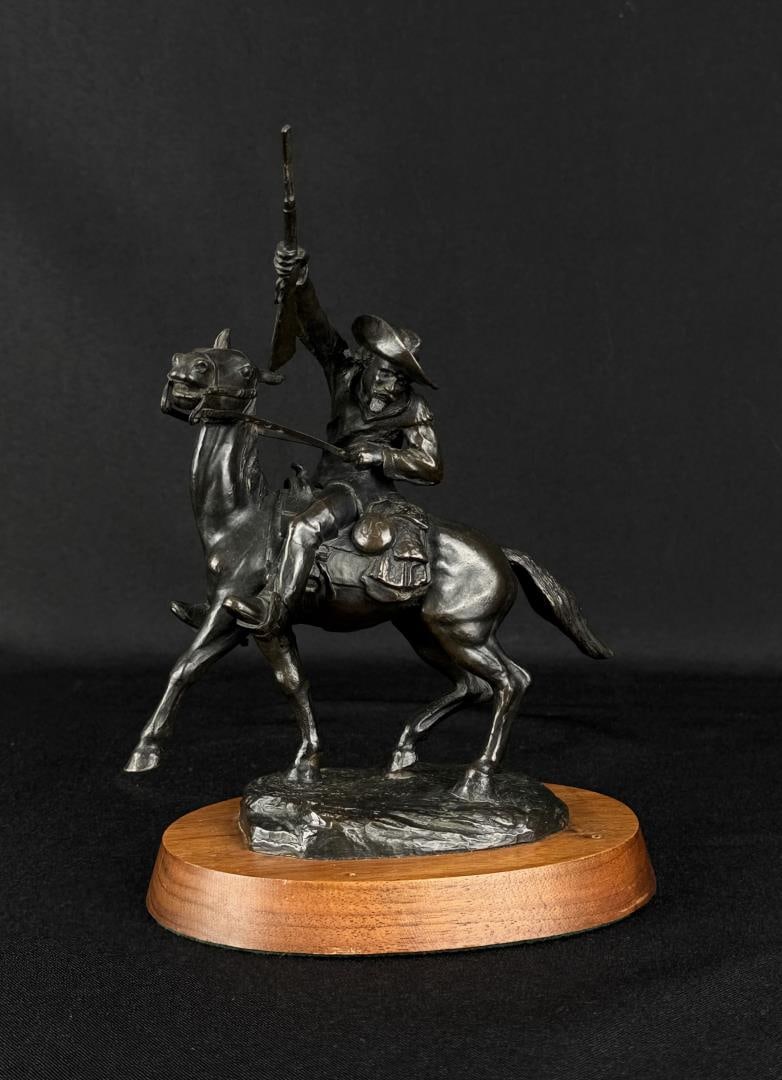 Vic Larsen Bronze After Gertrude Whitney: 8 5/8" by 6 1/8" by 4 5/8". Vic Larsen (late 20th century) was active/lived in Wyoming. Vic Larsen is known for Sculpture-wildlife, western genre.