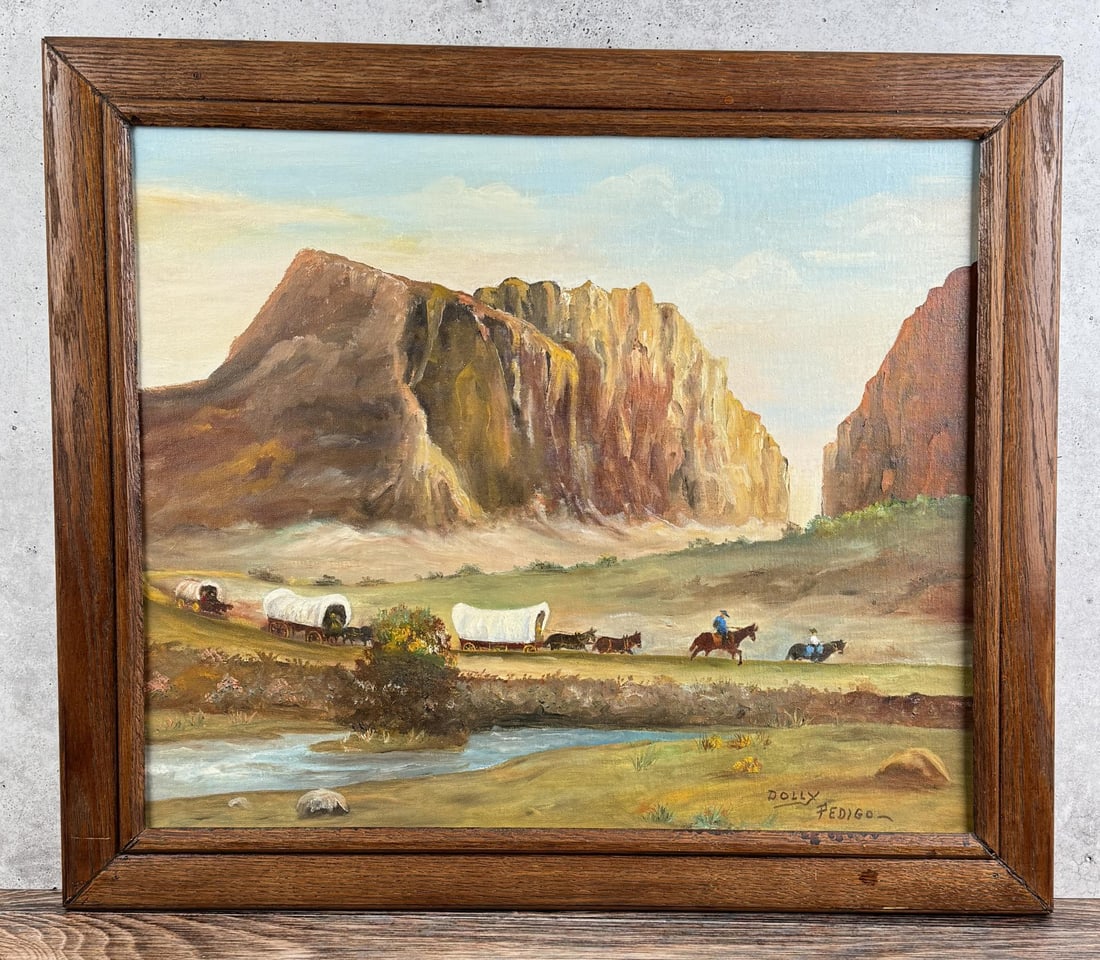 Dolly Pedigo Overland Trail Painting: Title is Overland Trail. 20" by 24" unframed. 24" by 28" framed. Oil on Board.