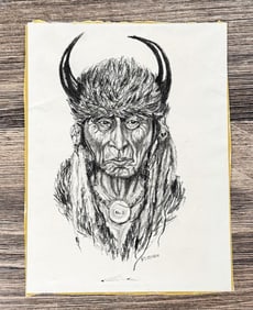 Ron Foreman Montana Indian Charcoal Drawing