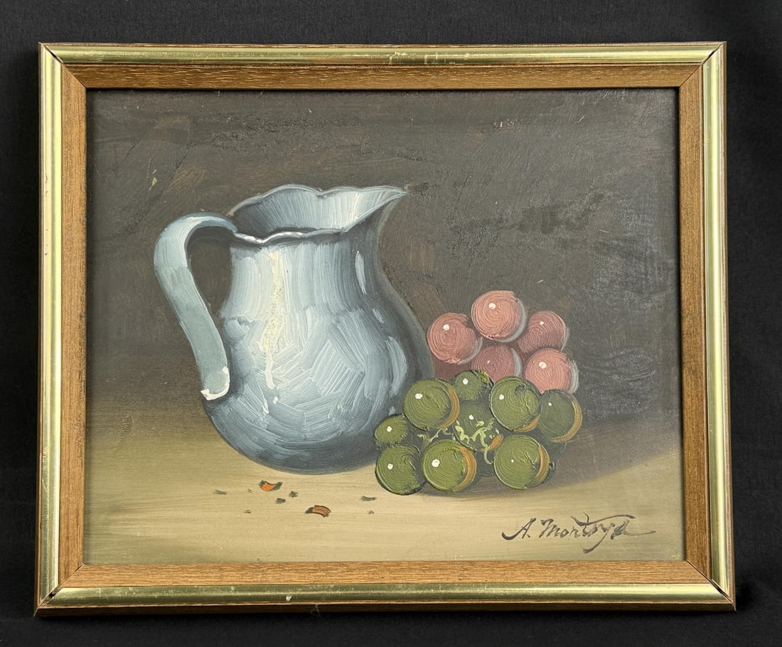Antique Still Life Painting: Signed A. Montoya. 8" by 10" unframed. 9 1/2" by 11 1/2" framed.