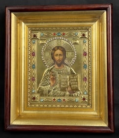 Russian Oklad Jeweled Christ Pantocrator Icon