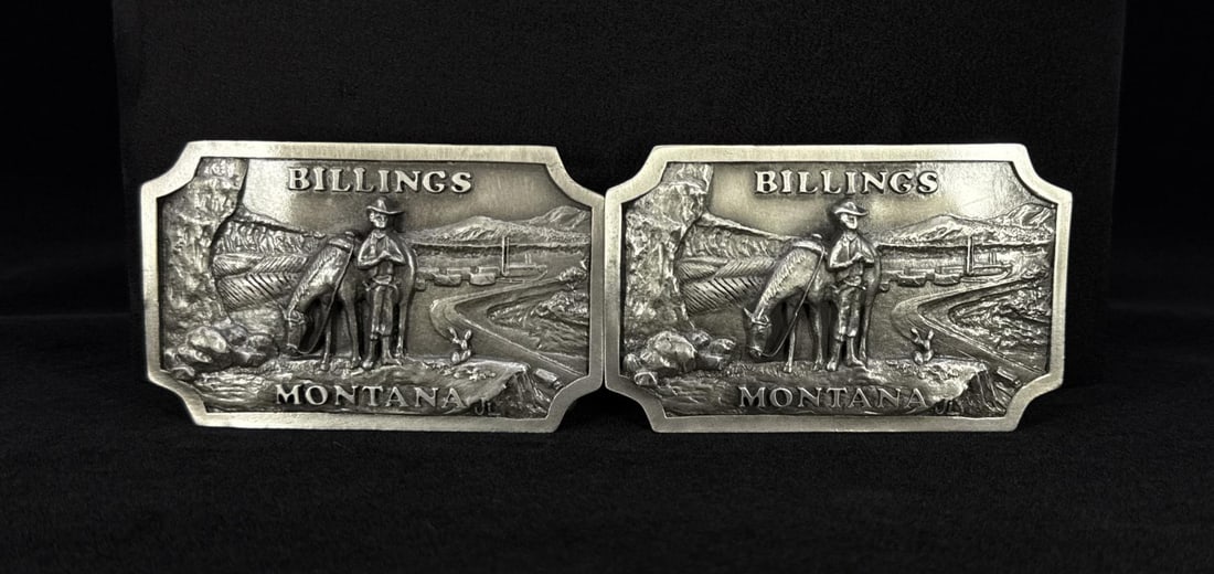 Billings Montana Belt Buckle Lot: Group of 2. Each buckle 3 5/8" wide.