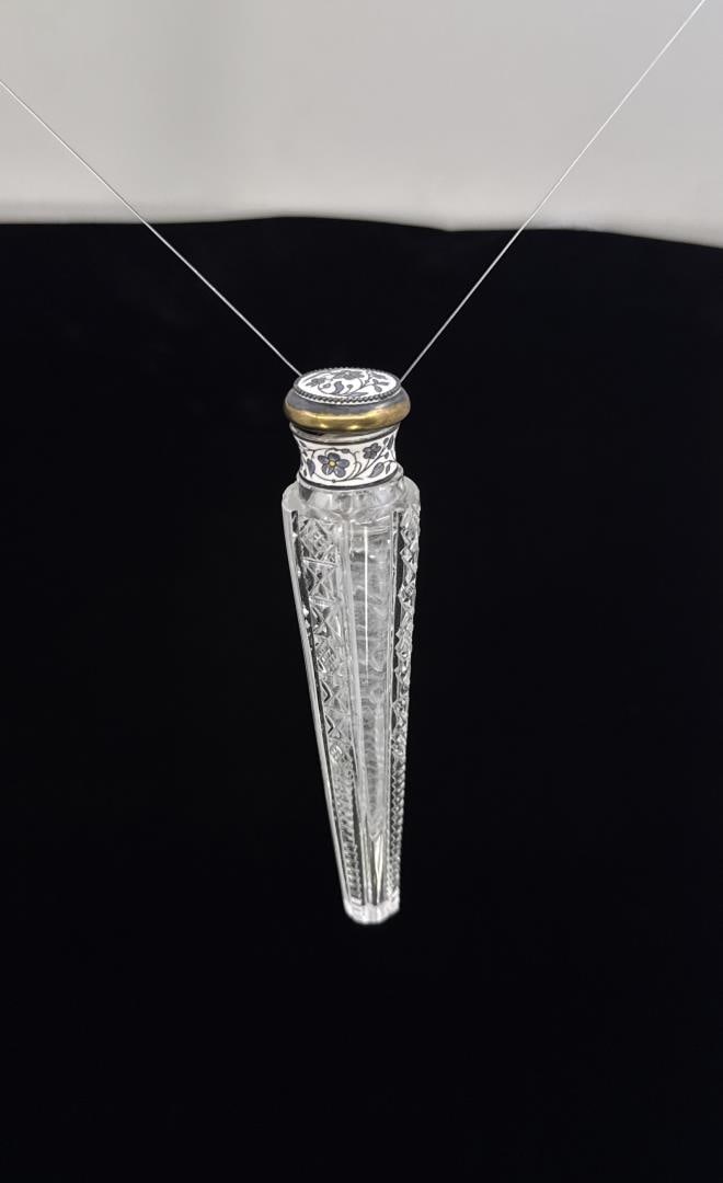Sterling Silver Crystal Lay Down Perfume Bottle: Marked sterling on lid, 4 5/8".