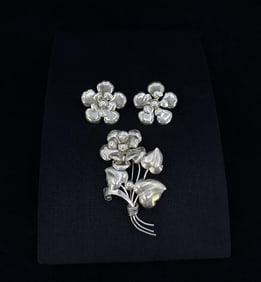 Sterling Silver Floral Brooch and Earrings