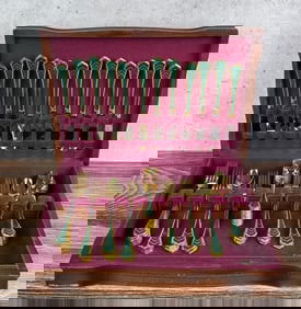 Gold Tone and Green Enamel Flatware Set