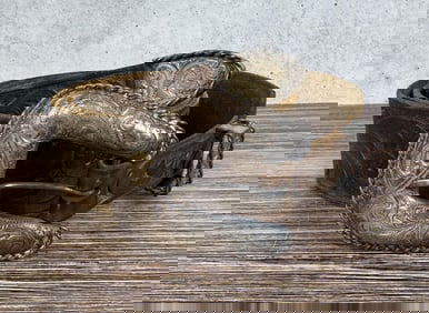 Sterling Silver Cowboy Tooled Leather Belt Buckle