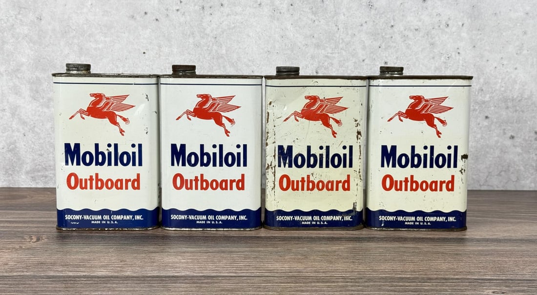 Mobiloil Mobil Pegasus Outboard Motor Oil Cans: Nice grouping.